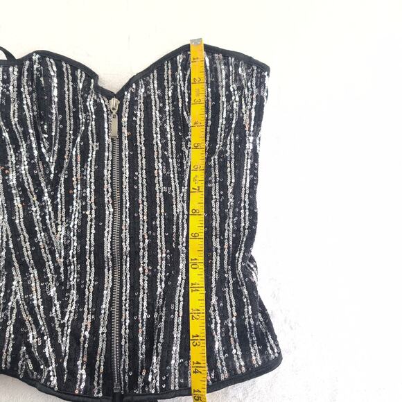 Glitter Sequin Bustier Lace Up Corset Zip Front Silver Black Women's Small - Picture 7 of 8